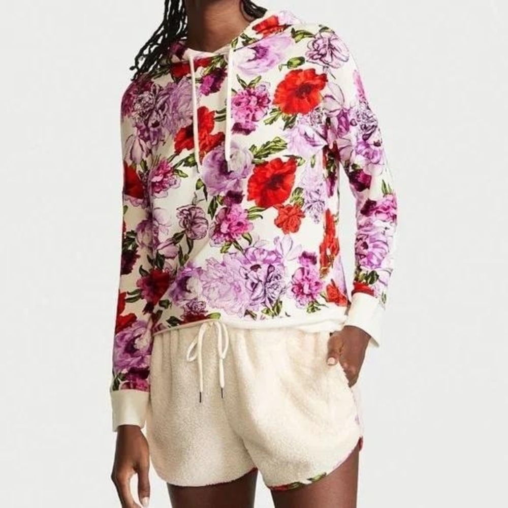 Victoria Secret Pink Floral Hoodie And Sherpa Shorts Loungewear Set Womens XL‎